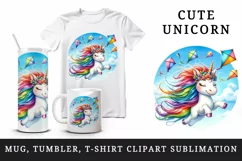 Watercolor cute friendly unicorn bright mane kites in clear blue sky print 20 oz tumbler skinny mug wrap clipart t-shirt sublimation printable design