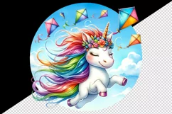 Watercolor cute friendly unicorn bright mane kites in clear blue sky print 20 oz tumbler skinny mug wrap clipart t-shirt sublimation printable design