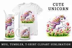Watercolor cute friendly unicorn flowing mane twirling field tulips print 20 oz tumbler skinny mug wrap clipart t-shirt sublimation printable design