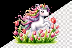 Watercolor cute friendly unicorn flowing mane twirling field tulips print 20 oz tumbler skinny mug wrap clipart t-shirt sublimation printable design