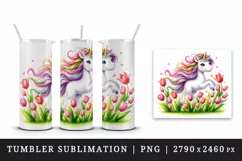 Watercolor cute friendly unicorn flowing mane twirling field tulips print 20 oz tumbler skinny mug wrap clipart t-shirt sublimation printable design