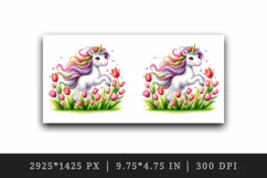 Watercolor cute friendly unicorn flowing mane twirling field tulips print 20 oz tumbler skinny mug wrap clipart t-shirt sublimation printable design