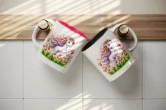 Watercolor cute friendly unicorn flowing mane twirling field tulips print 20 oz tumbler skinny mug wrap clipart t-shirt sublimation printable design