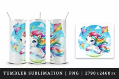 Watercolor cute friendly unicorn with bright mane kites in blue sky print 20 oz tumbler skinny mug wrap clipart t-shirt sublimation printable design