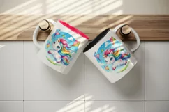 Watercolor cute friendly unicorn with bright mane kites in blue sky print 20 oz tumbler skinny mug wrap clipart t-shirt sublimation printable design