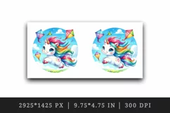 Watercolor cute friendly unicorn with bright mane kites in blue sky print 20 oz tumbler skinny mug wrap clipart t-shirt sublimation printable design