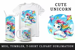 Watercolor cute friendly unicorn with bright mane kites in blue sky print 20 oz tumbler skinny mug wrap clipart t-shirt sublimation printable design