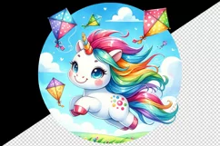 Watercolor cute friendly unicorn with bright mane kites in blue sky print 20 oz tumbler skinny mug wrap clipart t-shirt sublimation printable design
