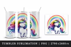 Watercolor cute friendly unicorn with colorful mane cascading rainbow print 20 oz tumbler skinny mug wrap clipart t-shirt sublimation printable design