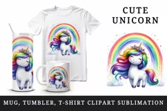 Watercolor cute friendly unicorn with colorful mane cascading rainbow print 20 oz tumbler skinny mug wrap clipart t-shirt sublimation printable design