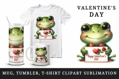 Watercolor cute frog holding card heart love Happy Valentine Day quote print 20oz tumbler skinny mug wrap clipart t-shirt sublimation printable design