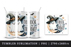 Watercolor cute ghost and a witch hat Trick and or Treat quote print 20 oz tumbler skinny mug wrap clipart t-shirt sublimation printable design
