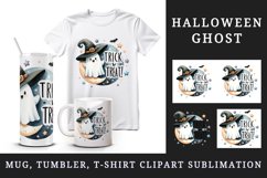 Watercolor cute ghost and a witch hat Trick and or Treat quote print 20 oz tumbler skinny mug wrap clipart t-shirt sublimation printable design