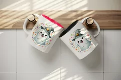 Watercolor cute ghost dog wearing small wizard hat circular Halloween print 20 oz tumbler skinny mug wrap clipart t-shirt sublimation printable design