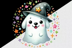 Watercolor cute ghost dog wearing small wizard hat circular Halloween print 20 oz tumbler skinny mug wrap clipart t-shirt sublimation printable design