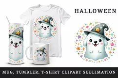 Watercolor cute ghost dog wearing small wizard hat circular Halloween print 20 oz tumbler skinny mug wrap clipart t-shirt sublimation printable design