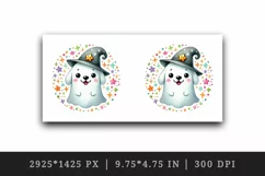 Watercolor cute ghost dog wearing small wizard hat circular Halloween print 20 oz tumbler skinny mug wrap clipart t-shirt sublimation printable design
