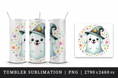 Watercolor cute ghost dog wearing small wizard hat circular Halloween print 20 oz tumbler skinny mug wrap clipart t-shirt sublimation printable design