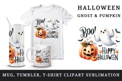 Watercolor cute ghost floating pumpkin Boo Happy Halloween quote print 20 oz tumbler skinny mug wrap clipart t-shirt sublimation printable design