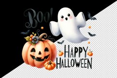 Watercolor cute ghost floating pumpkin Boo Happy Halloween quote print 20 oz tumbler skinny mug wrap clipart t-shirt sublimation printable design