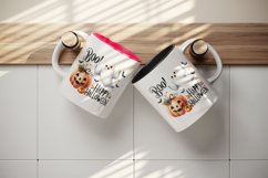 Watercolor cute ghost floating pumpkin Boo Happy Halloween quote print 20 oz tumbler skinny mug wrap clipart t-shirt sublimation printable design