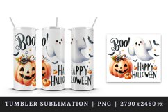 Watercolor cute ghost floating pumpkin Boo Happy Halloween quote print 20 oz tumbler skinny mug wrap clipart t-shirt sublimation printable design