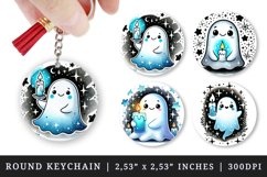 Watercolor cute ghost holding glowing neon blue candle sparkles Halloween print round keychain keychains sublimation design