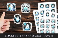 Watercolor cute ghost holding glowing neon blue candle sparkles Halloween print sticker sheet stickers printable sublimation design png
