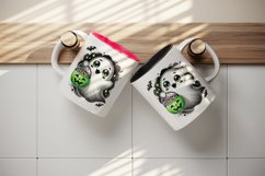 Watercolor cute ghost holding neon green pumpkin candy bucket Halloween print tumbler skinny mug wrap clipart t-shirt sublimation printable design