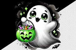 Watercolor cute ghost holding neon green pumpkin candy bucket Halloween print tumbler skinny mug wrap clipart t-shirt sublimation printable design