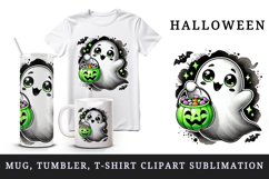 Watercolor cute ghost holding neon green pumpkin candy bucket Halloween print tumbler skinny mug wrap clipart t-shirt sublimation printable design