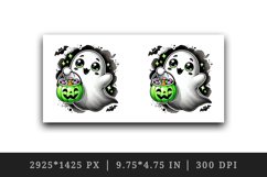Watercolor cute ghost holding neon green pumpkin candy bucket Halloween print tumbler skinny mug wrap clipart t-shirt sublimation printable design