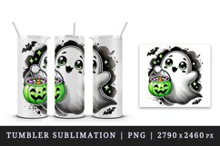 Watercolor cute ghost holding neon green pumpkin candy bucket Halloween print tumbler skinny mug wrap clipart t-shirt sublimation printable design