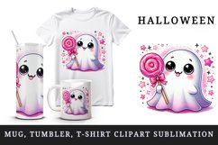 Watercolor cute ghost holding neon pink lollipop candy Halloween print 20 oz tumbler skinny mug wrap clipart t-shirt sublimation printable design