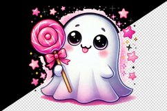 Watercolor cute ghost holding neon pink lollipop candy Halloween print 20 oz tumbler skinny mug wrap clipart t-shirt sublimation printable design