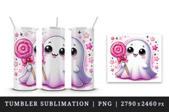 Watercolor cute ghost holding neon pink lollipop candy Halloween print 20 oz tumbler skinny mug wrap clipart t-shirt sublimation printable design