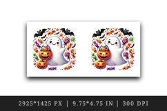 Watercolor cute ghost holding pumpkin candy bucket bats Halloween print 20 oz tumbler skinny mug wrap clipart t-shirt sublimation printable design