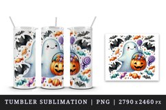 Watercolor cute ghost holding pumpkin candy bucket bats Halloween print 20 oz tumbler skinny mug wrap clipart t-shirt sublimation printable design
