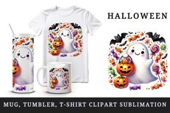 Watercolor cute ghost holding pumpkin candy bucket bats Halloween print 20 oz tumbler skinny mug wrap clipart t-shirt sublimation printable design