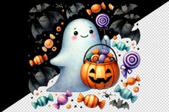 Watercolor cute ghost holding pumpkin candy bucket bats Halloween print 20 oz tumbler skinny mug wrap clipart t-shirt sublimation printable design