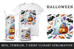 Watercolor cute ghost holding pumpkin candy bucket bats Halloween print 20 oz tumbler skinny mug wrap clipart t-shirt sublimation printable design