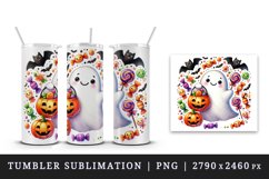 Watercolor cute ghost holding pumpkin candy bucket bats Halloween print 20 oz tumbler skinny mug wrap clipart t-shirt sublimation printable design
