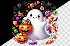 Watercolor cute ghost holding pumpkin candy bucket bats Halloween print 20 oz tumbler skinny mug wrap clipart t-shirt sublimation printable design
