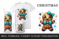 Watercolor cute gingerbread man blue bowtie Christmas New Year winter print 20 oz tumbler skinny mug wrap clipart t-shirt sublimation printable design