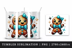 Watercolor cute gingerbread man blue bowtie Christmas New Year winter print 20 oz tumbler skinny mug wrap clipart t-shirt sublimation printable design