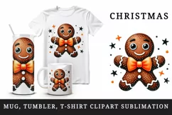 Watercolor cute gingerbread man orange bowtie Christmas New Year winter print tumbler skinny mug wrap clipart t-shirt sublimation printable design