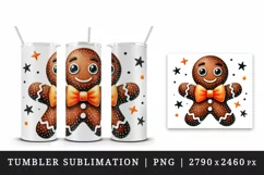 Watercolor cute gingerbread man orange bowtie Christmas New Year winter print tumbler skinny mug wrap clipart t-shirt sublimation printable design