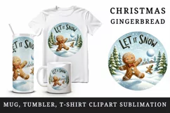 Watercolor cute gingerbread man snowball fight Let it snow Christmas quote print tumbler skinny mug wrap clipart t-shirt sublimation printable design