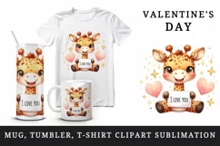 Watercolor cute giraffe sparkle hearts I Love You quote Valentine Day print 20 oz tumbler skinny mug wrap clipart t-shirt sublimation printable design