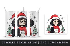 Watercolor cute girl cat Christmas tree Santa Claus hat helper New Year 20 oz tumbler skinny mug wrap clipart t-shirt sublimation printable design